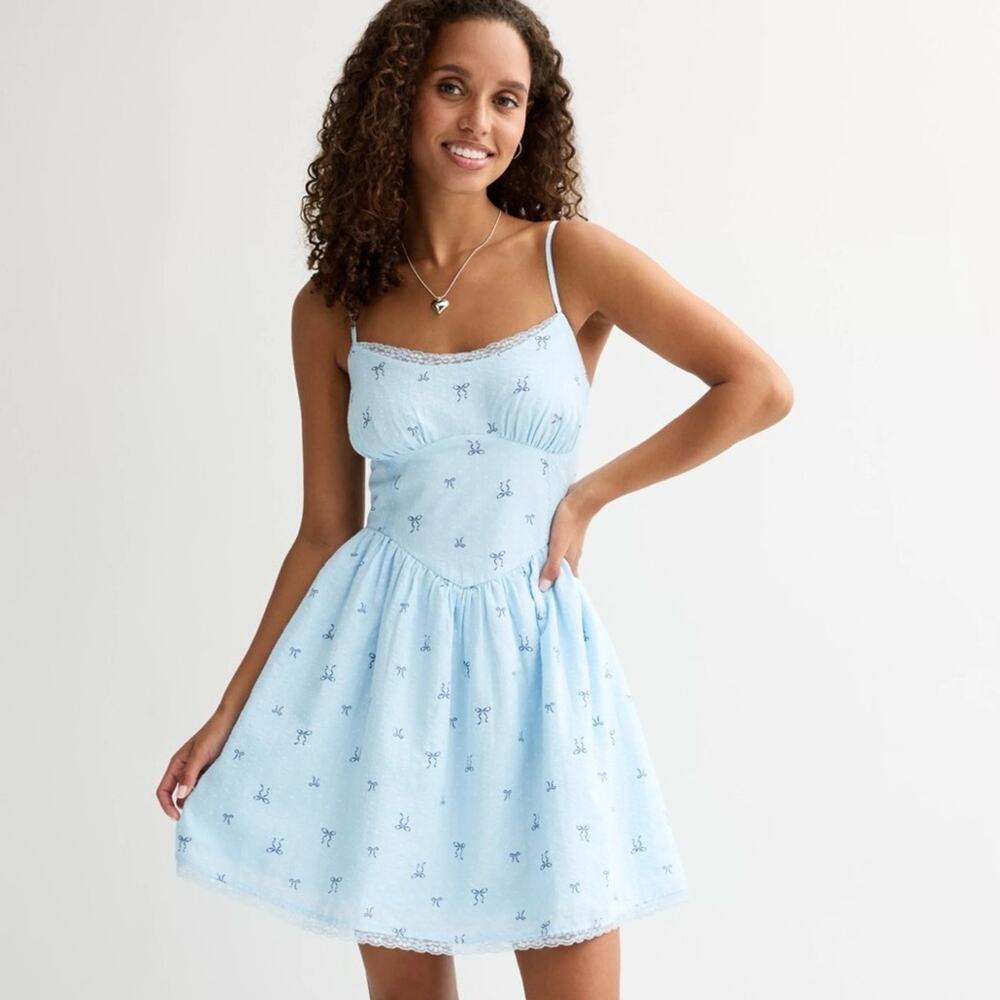 NWT Love, Fire Flirty Strappy Sleeveless Blue Bows Mini SunDress Medium girlhood
